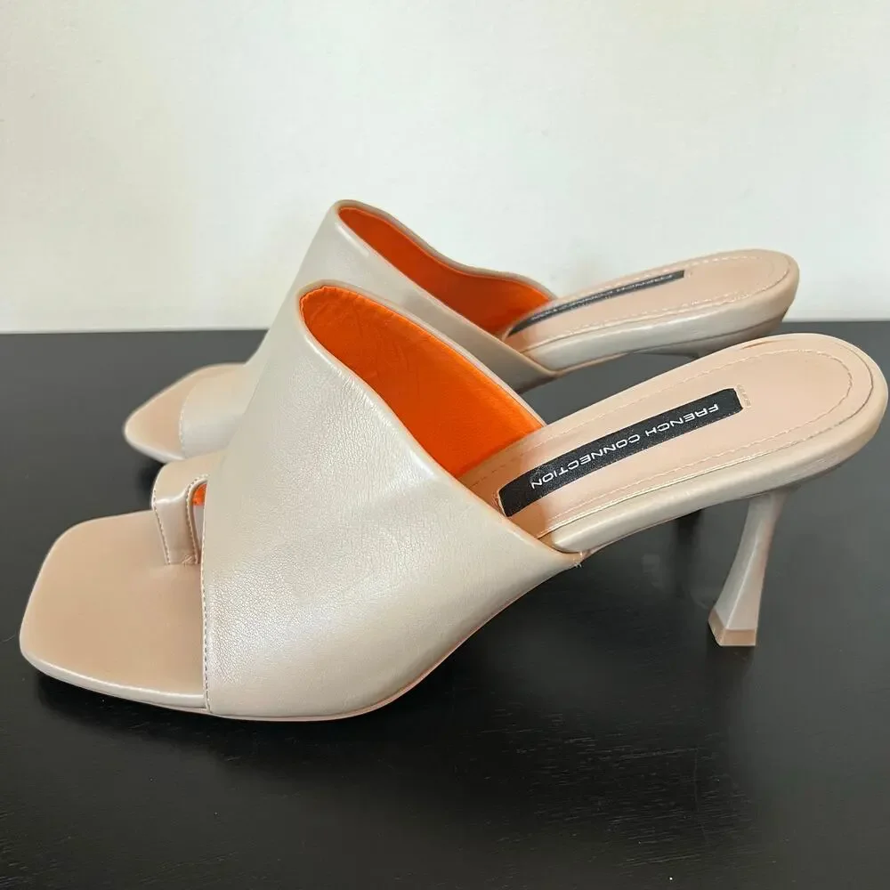 French Connection Kelly Light Tan Nude Toe Ring Heeled Mule Sandals US 9 EU 40
